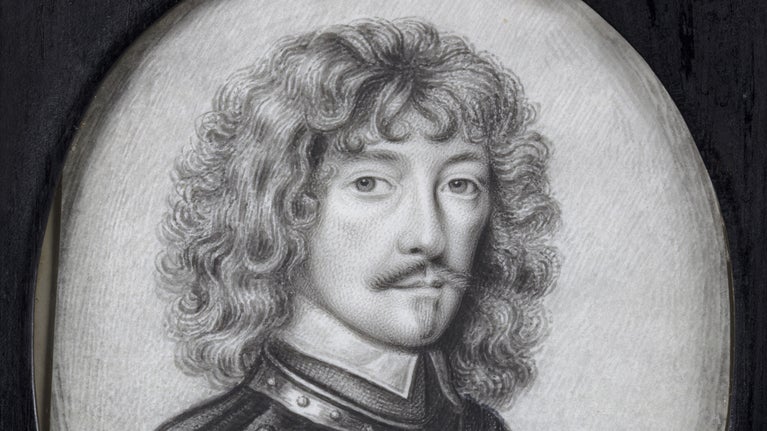 Portrait miniature, ink drawing on vellum, William Murray, 1st Earl of Dysart (c.1600-1655) by David Paton (b.Edinburgh fl.1660-1708). Oval. Head and shoulder portrait, turned to the right, gazing at the spectator, wearing a leather jerkin and steel gorget, thick curly hair, moustache and goatee, aged about 25.